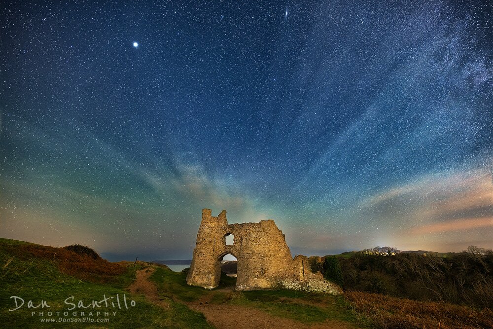 Pennard Castle with Jupiter and the Andromeda Galaxy