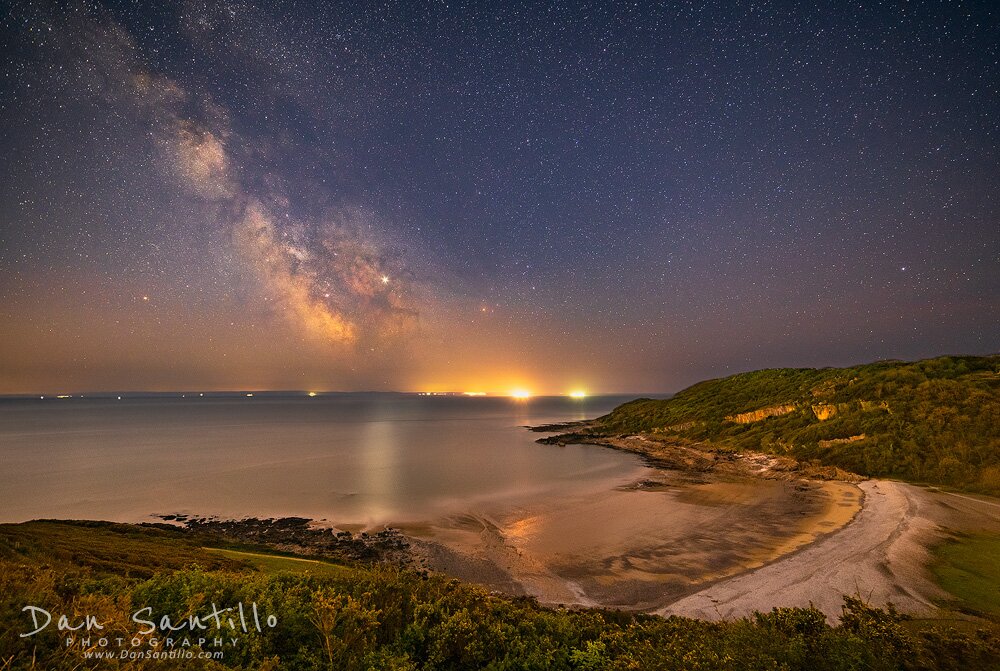 Pwlldu Bay with the Milky Way, Jupiter and Saturn