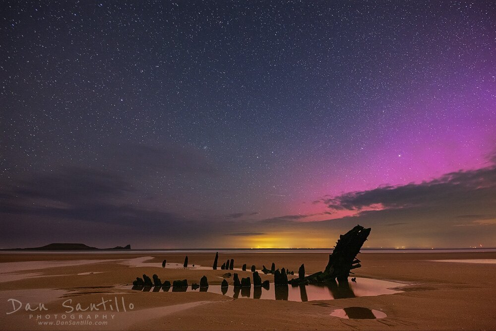 Helvetia Wreck and Worms Head with the Aurora Borealis, Rhossili Bay