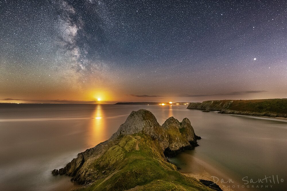 Moonset with the Milky Way over Three Cliffs Bay